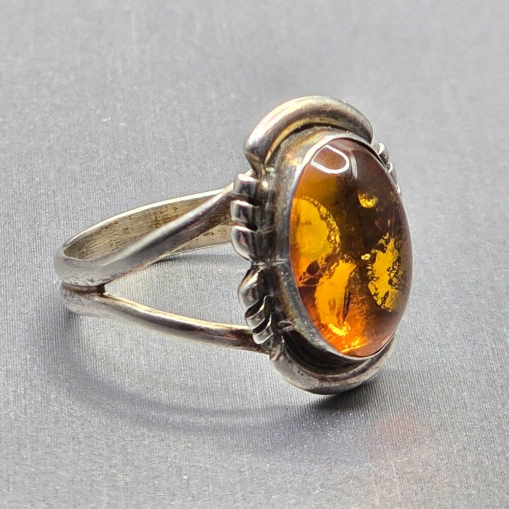 VTG Sterling Silver Amber Ring Size 8.5 Split Shank 3.34g Sliced Accents Poland - Picture 2 of 12